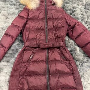Burberry Maroon Puffer Jacket with Fur Collar